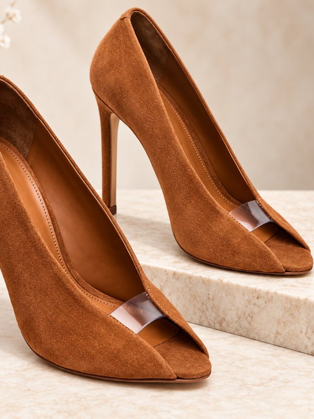 Women’s Peep Toe Stiletto Heels Sexy Suede Slip On Pumps with Clear Strap